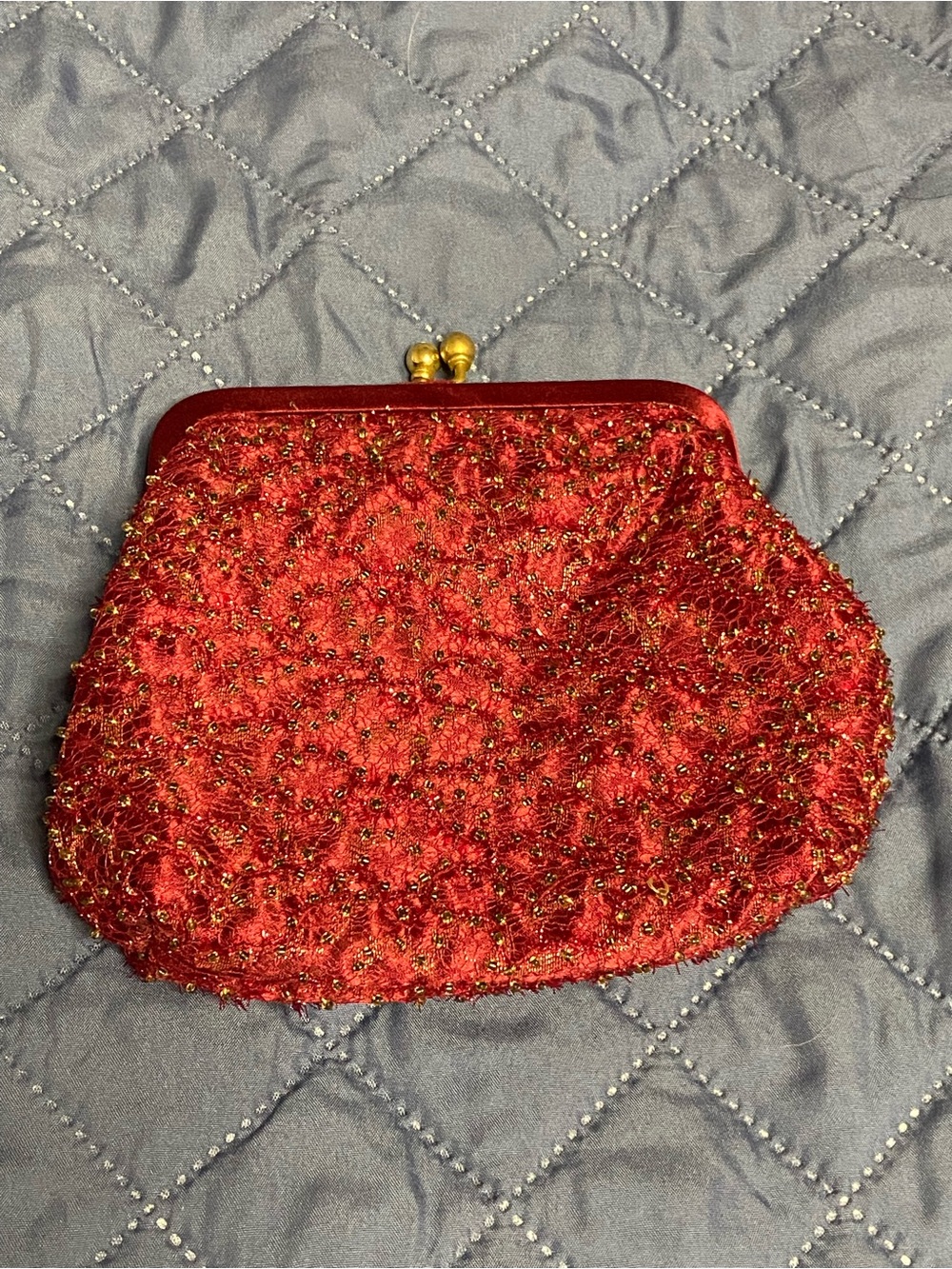 NEIMAN MARCUS COLLECTION Red Beaded LACE Evening KISSLOCK Clutch Bag
